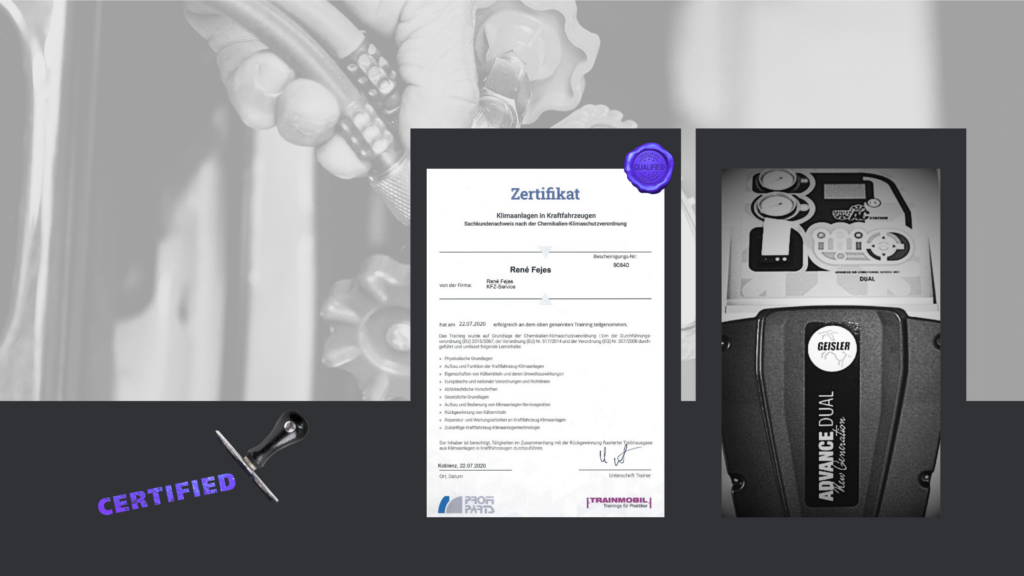 Kollage aus Klimaservice-Zertifikat und Geisler Advance Dual-Klimaservicegerät – professionelle Durchführung bei KFZ-Service Fejes